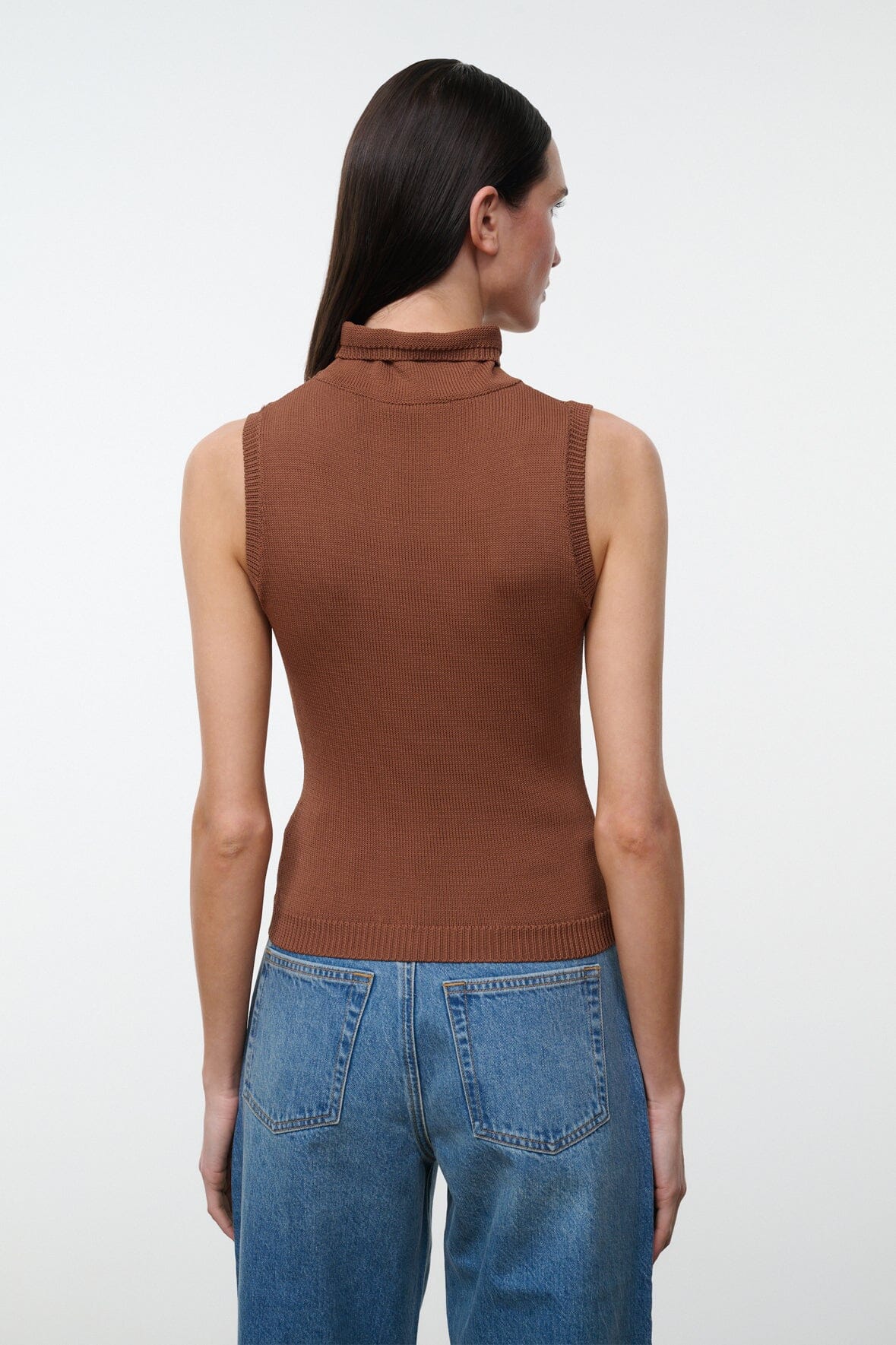 Brown sleeveless mock-neck knit top with ribbed texture, shown from the back