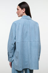 Sky-blue suede shirt, back view with yoke seam and long sleeves; buttoned collar