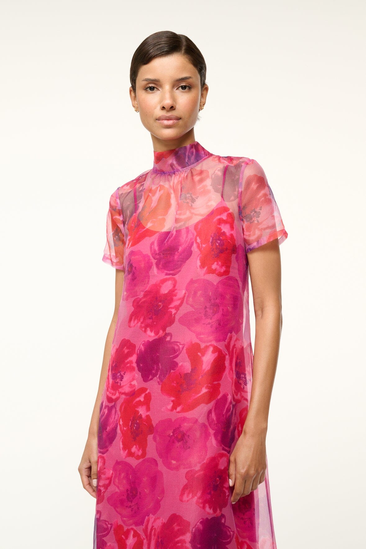 Calluna magenta painted floral dress with high neck and short sheer sleeves