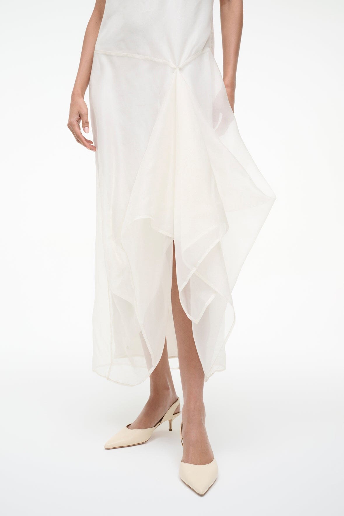 VIOLA ivory sleeveless dress with asymmetrical hem and side slit
