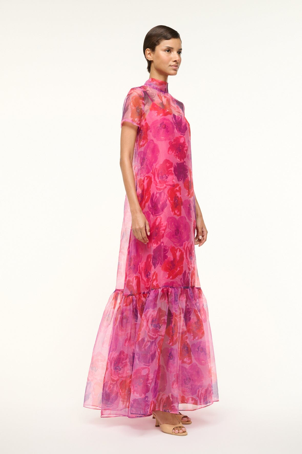 Calluna magenta painted floral maxi dress, side view, tiered ruffle skirt