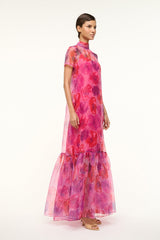 Calluna magenta painted floral maxi dress, side view, tiered ruffle skirt