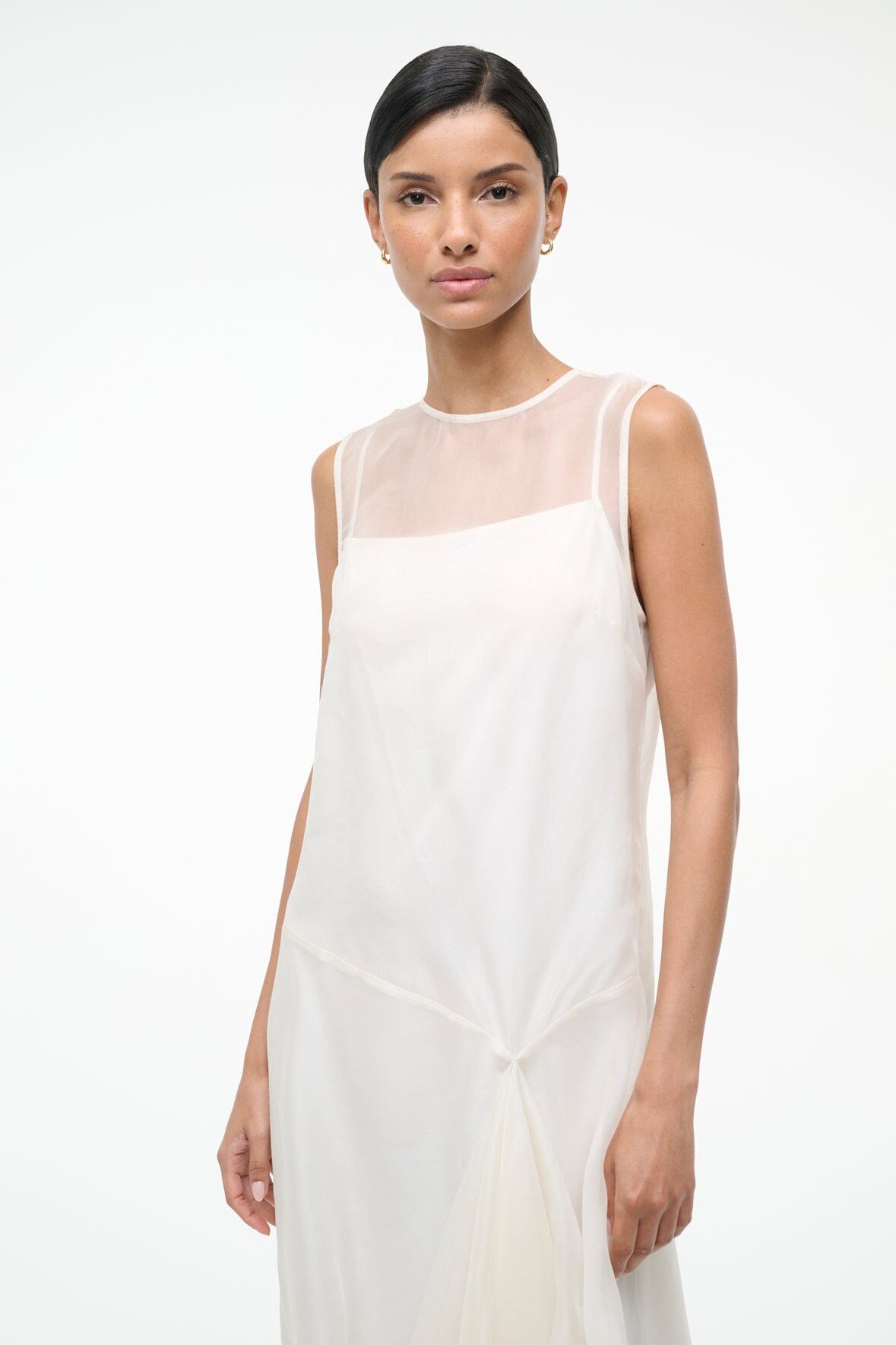 VIOLA ivory sleeveless dress with sheer yoke and waist bow detail