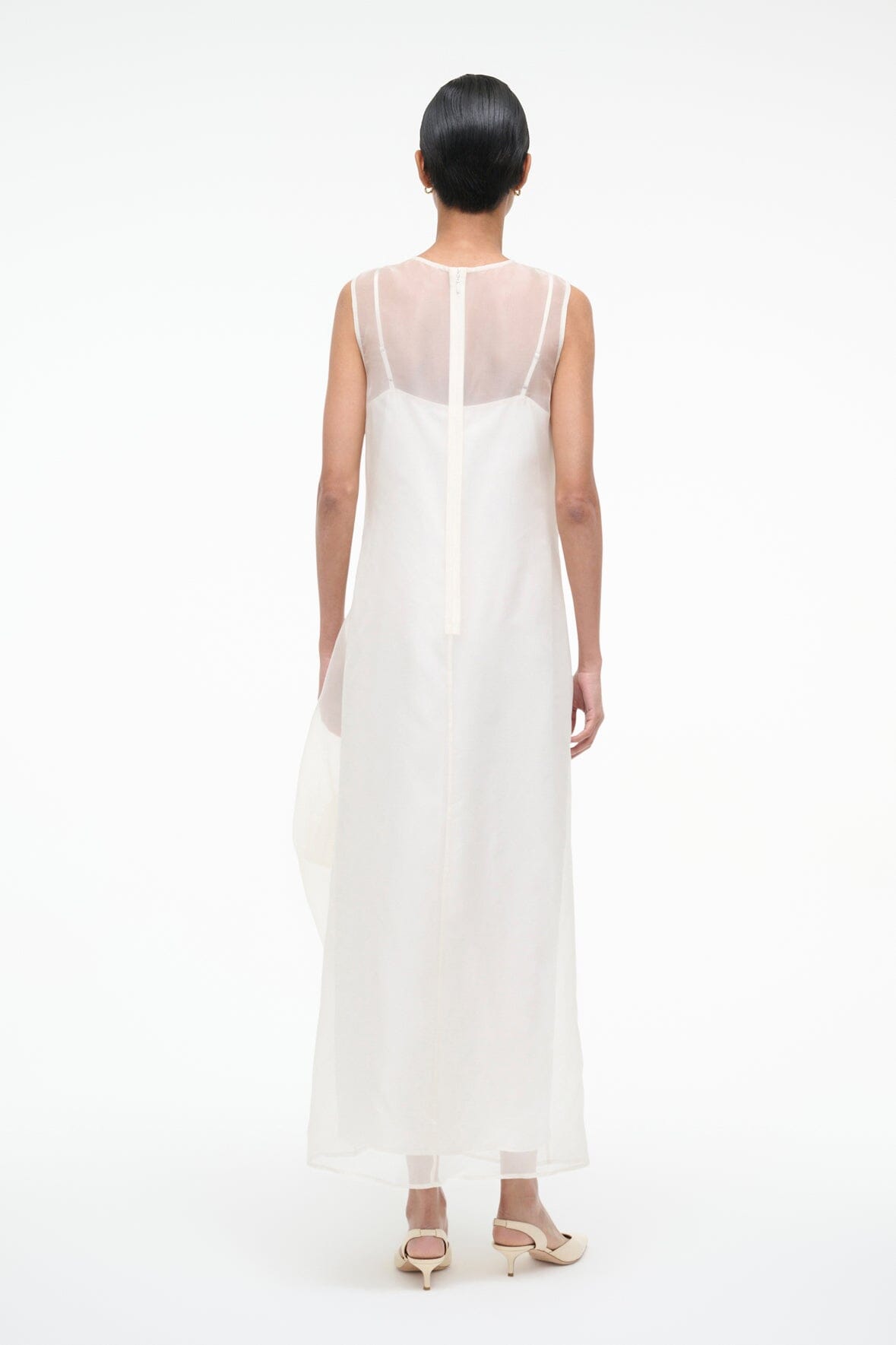 VIOLA ivory sleeveless dress from back with long draped silhouette