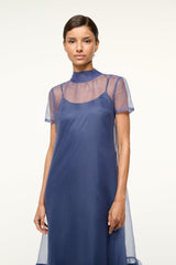 Navy sheer mesh dress with high neck and short sleeves, fitted bodice