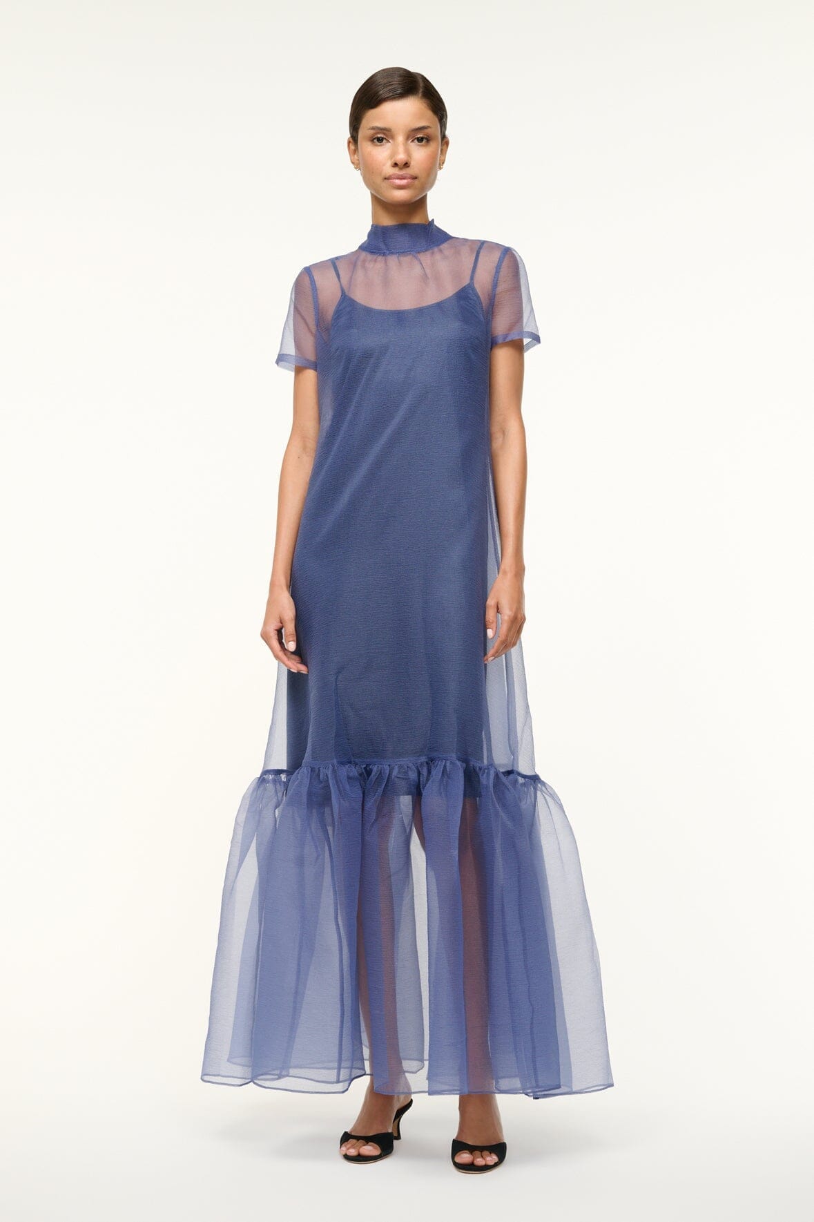 Navy sheer mesh long dress with high neck, short sleeves, and layered tulle hem