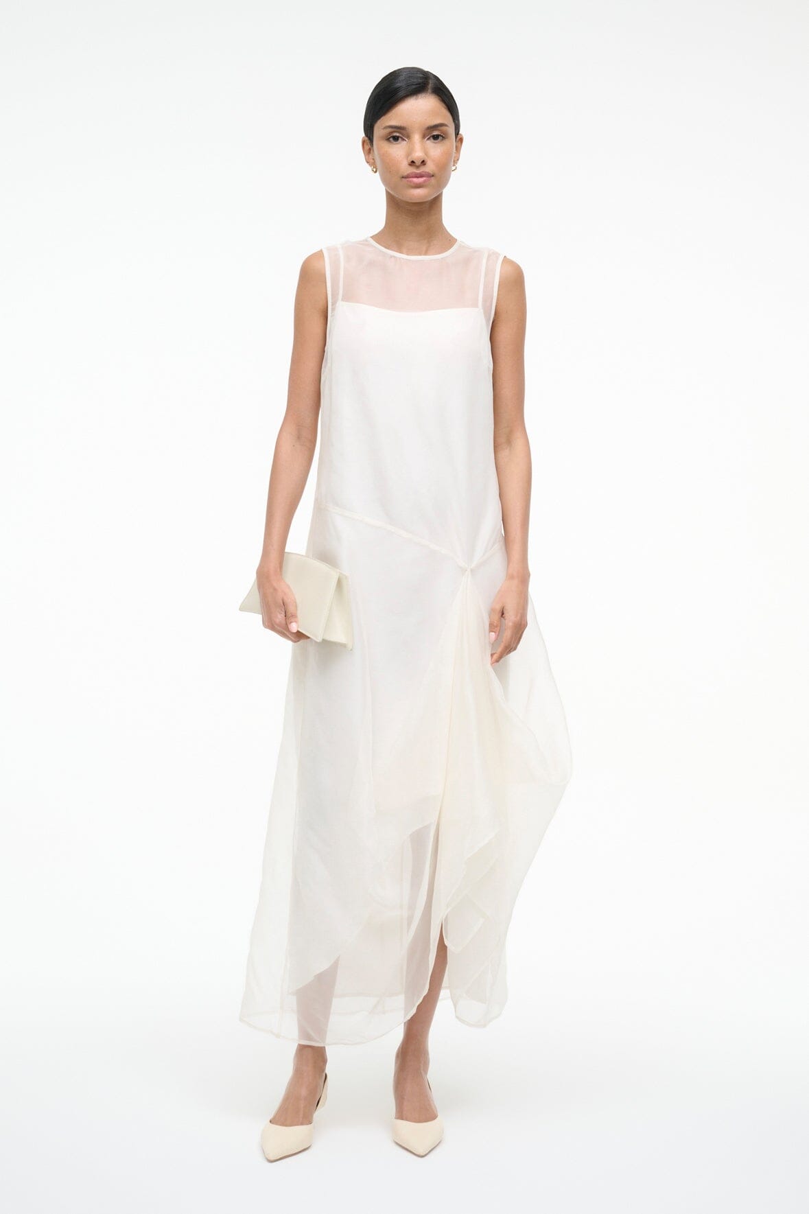 VIOLA ivory sleeveless dress with asymmetrical layered midi hem and waist tie