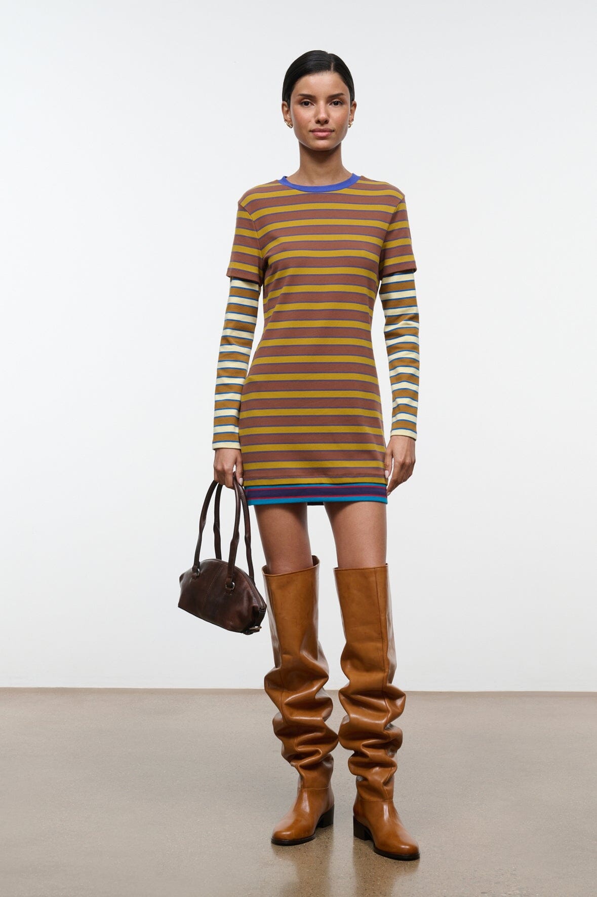 Striped knit mini dress with crew neck and long sleeves, multicolor horizontal bands
