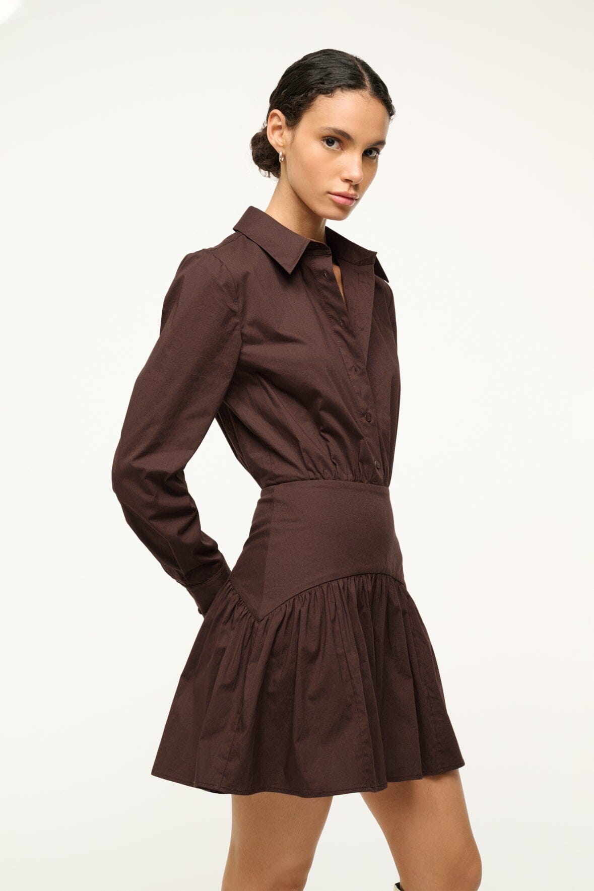 Dark brown mini dress detail, buttoned shirt bodice and gathered skirt