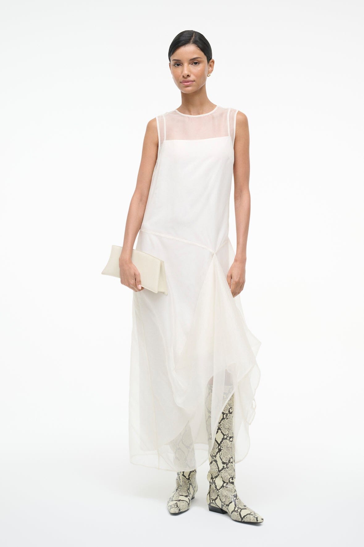 VIOLA ivory sleeveless dress with layered skirt and waist bow detail