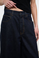 Hunter indigo denim culotte jeans, front view with side pockets and belt loops