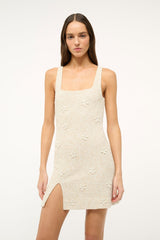LE SABLE ivory sleeveless shift dress, square neckline, floral textured detail