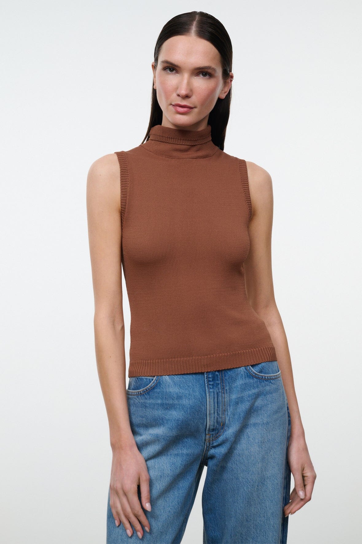 Brown sleeveless mock-neck knit top with ribbed texture, front view