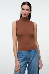 Brown sleeveless mock-neck knit top with ribbed texture, front view