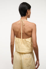 Butter linen halter top with open-back straps tied at the nape