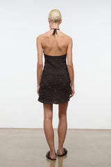 Dark brown backless halter mini dress with tie strap and rhinestone stud pattern