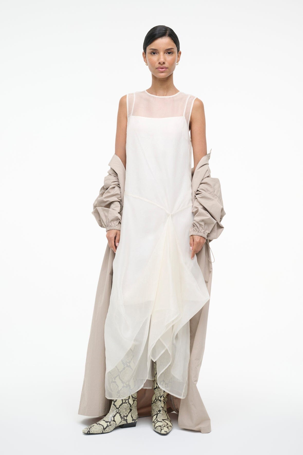 VIOLA ivory sleeveless dress with flowing layered skirt and draped side panels