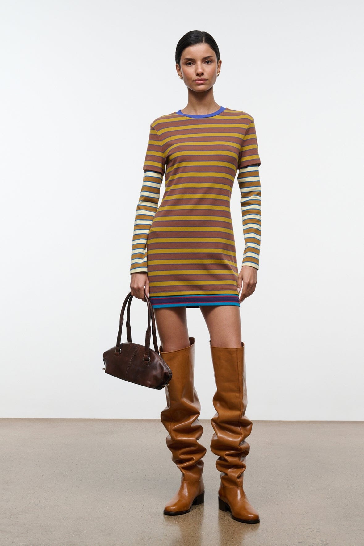 Striped knit mini dress with crew neck, long sleeves, multicolor banded trim at hem