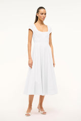 White short-sleeve midi dress with square neckline and layered gathered skirt