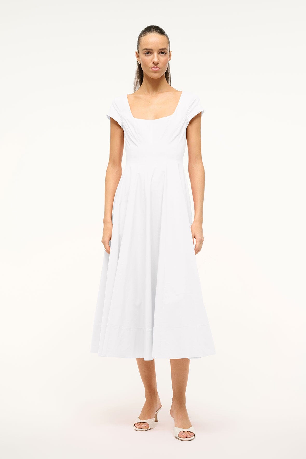 White short-sleeve midi dress, square neckline, relaxed fit with flared skirt