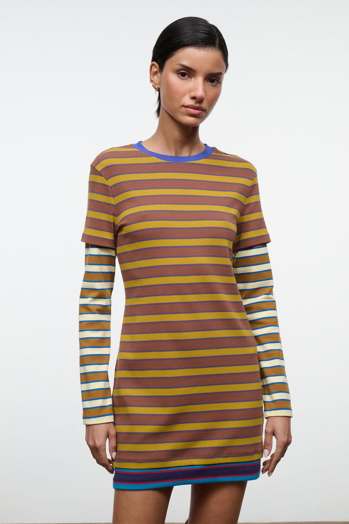 Striped knit mini dress with crew neck and long sleeves, multicolor horizontal stripes