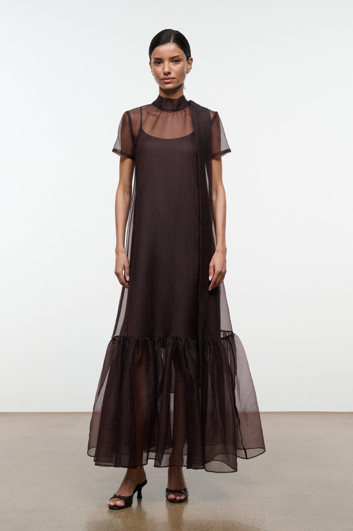 CALLUNA dress in dark earth-brown, sheer cap sleeves, tiered ruffle hem