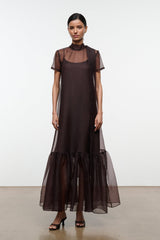 CALLUNA dress in dark earth-brown, sheer cap sleeves, tiered ruffle hem