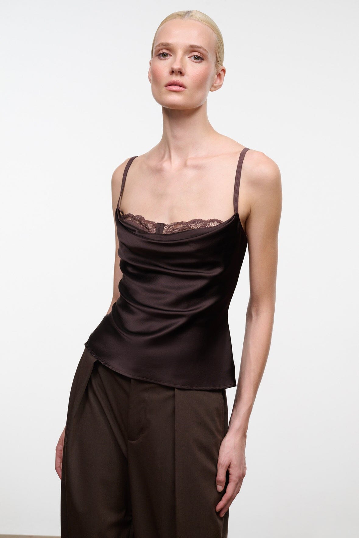 Dark brown silk camisole top with lace-trim neckline and spaghetti straps