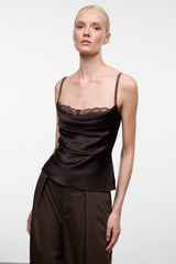 Dark brown silk camisole top with lace-trim neckline and spaghetti straps