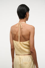 Butter linen halter top with open back and long center tie