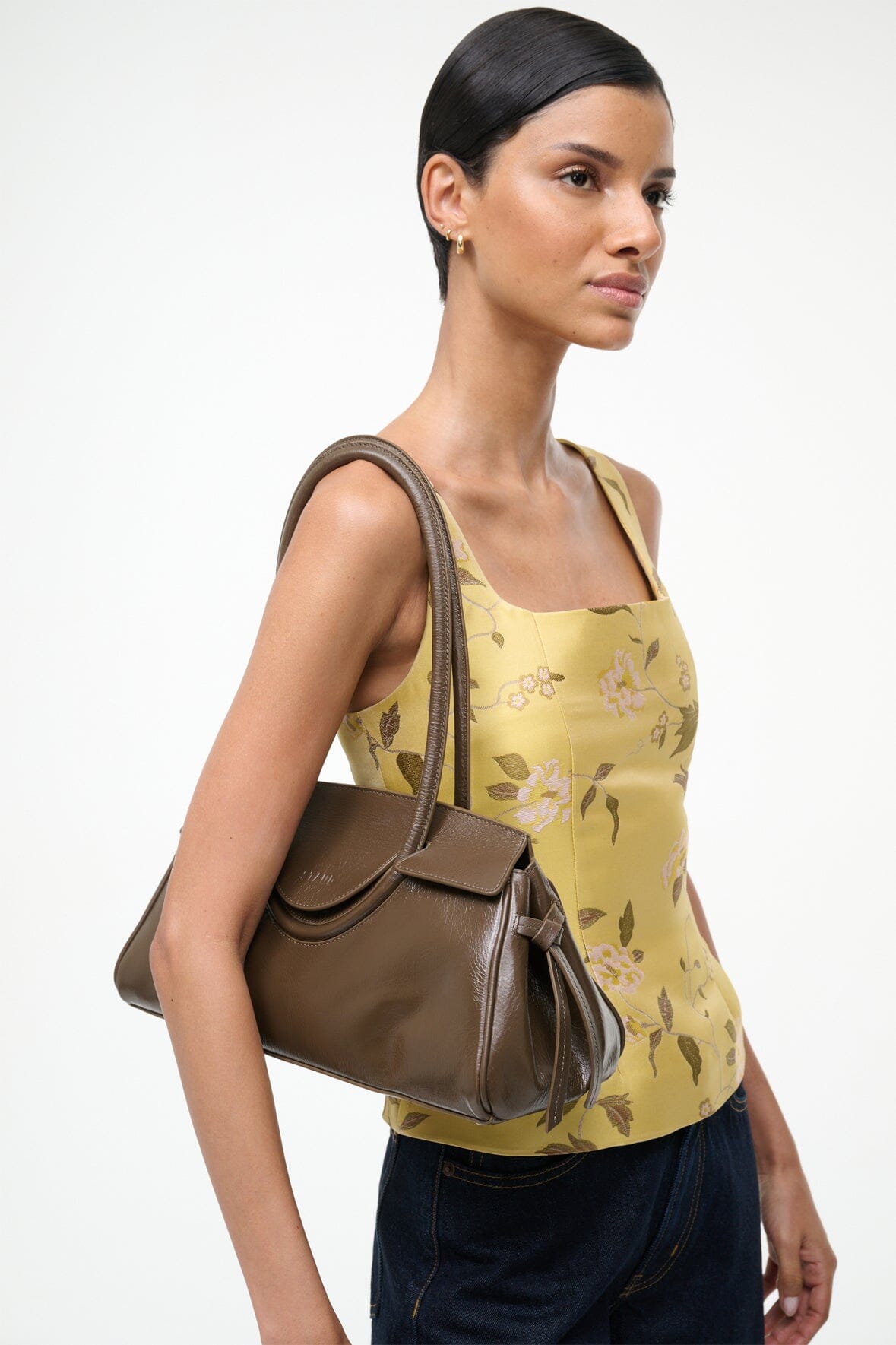Truffle Maude shoulder bag in brown leather with top handles and front flap