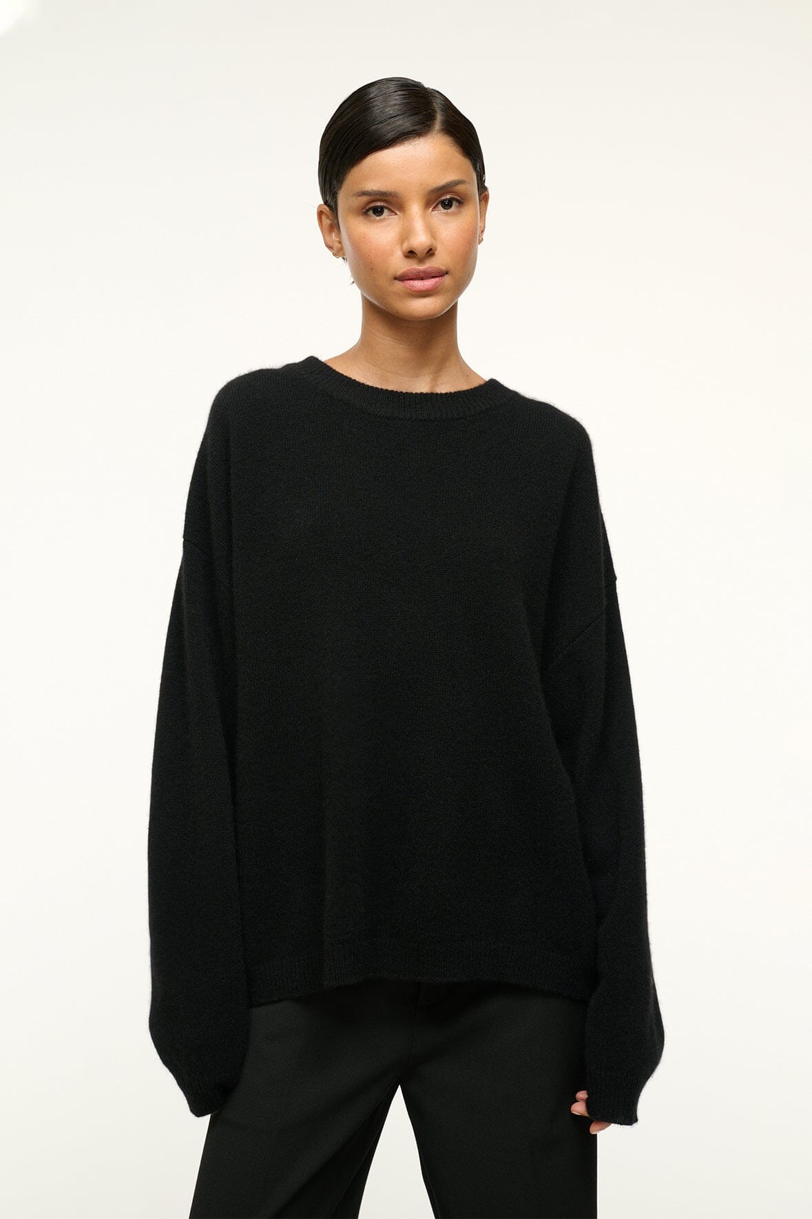 Black relaxed cashmere crewneck sweater with ribbed neckline and cuffs