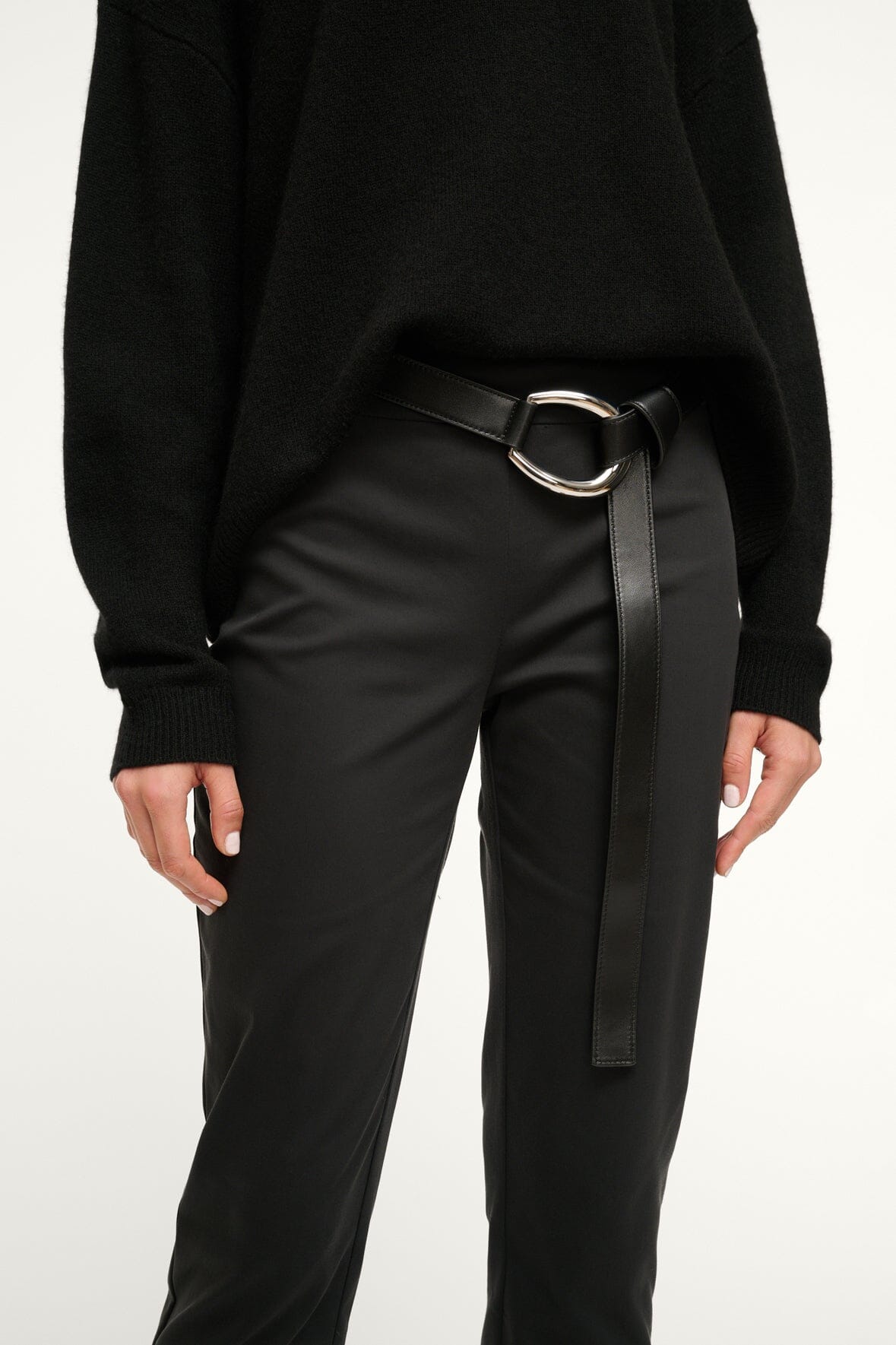 Black leather wrap belt with silver ring buckle and long hanging strap