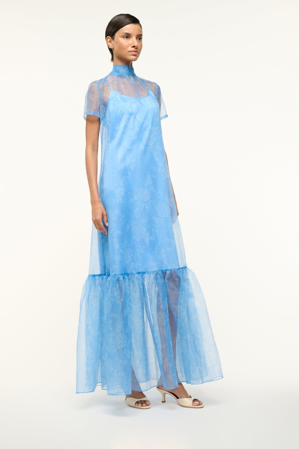 Light blue sheer tiered maxi dress with short sleeves