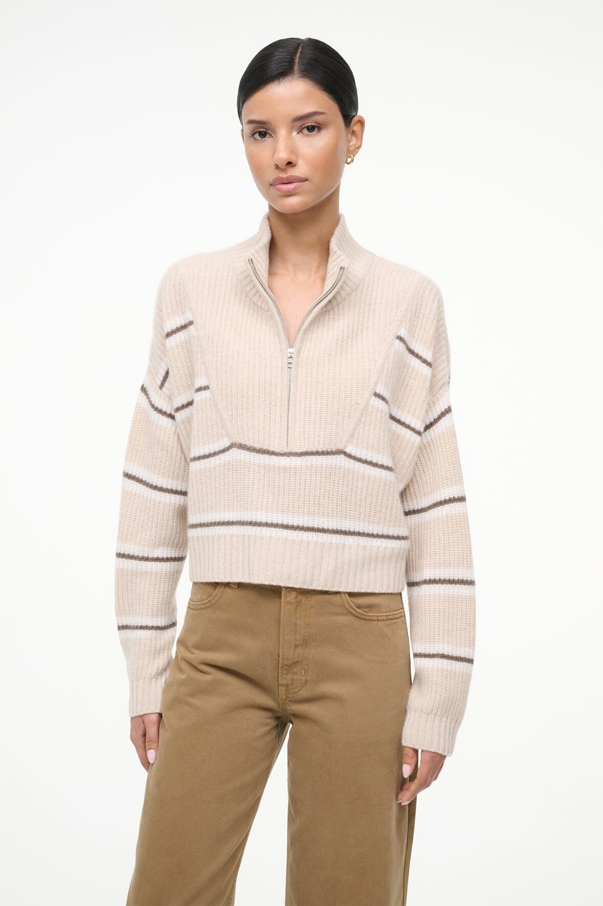 Cropped cashmere sweater with full-zip front and horizontal whisper stripe pattern