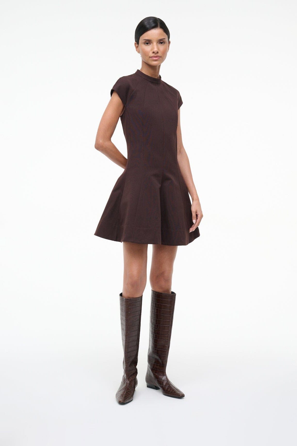 Espresso brown croc-effect tall flat boots on model, mid-calf length