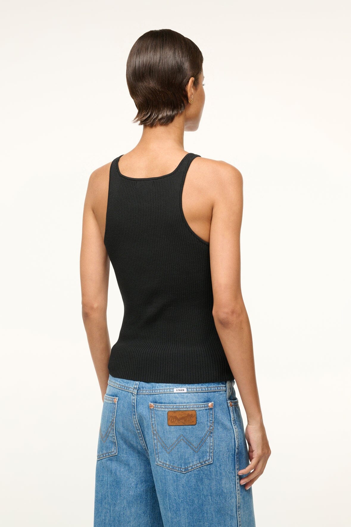 Black ribbed racerback tank top, back view