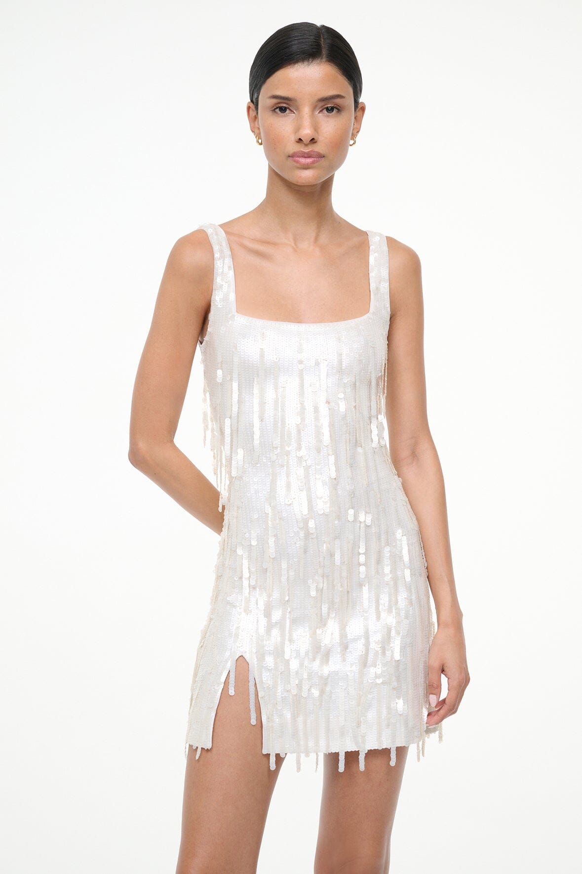 Pearl sequin fringe mini dress front view, square neckline, sleeveless silhouette