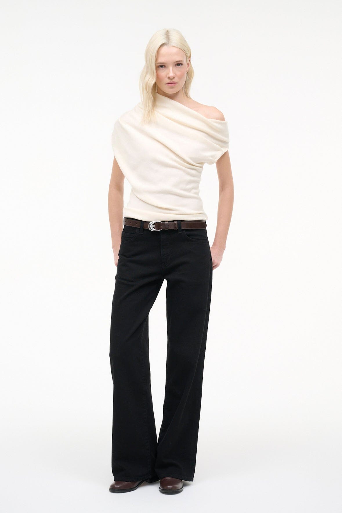 Ivory knit one-shoulder draped cowl sweater, front view