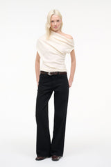 Ivory knit one-shoulder draped cowl sweater, front view
