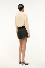 Black shorts back view with smooth, structured waistband