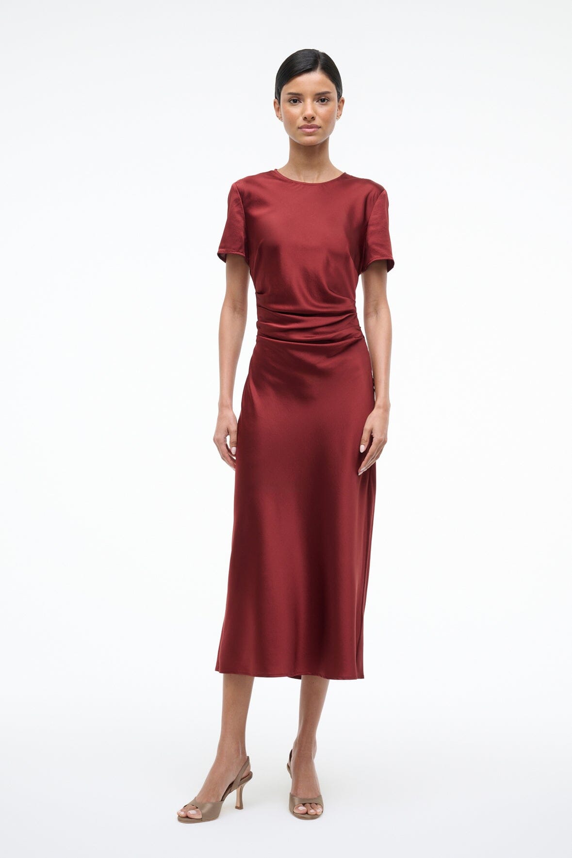 Sangria silk sheath midi dress with crew neck and gathered waist