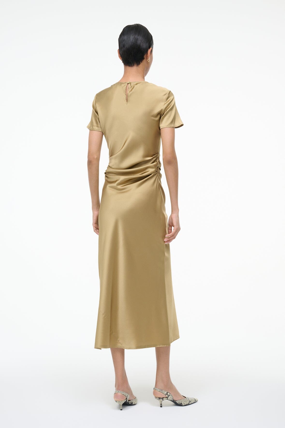 Silk midi dress back view in antique gold with gathered waist detailing