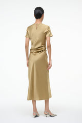Silk midi dress back view in antique gold with gathered waist detailing