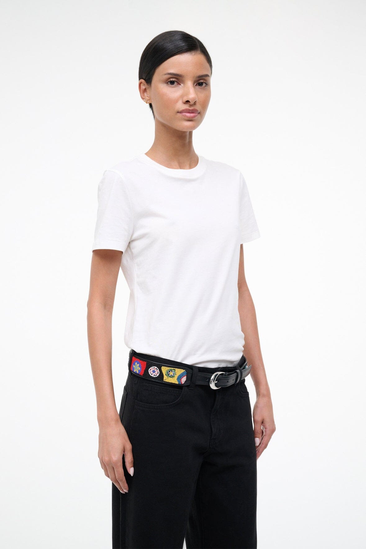 Colorful beaded millefiori belt with black strap and silver-tone buckle