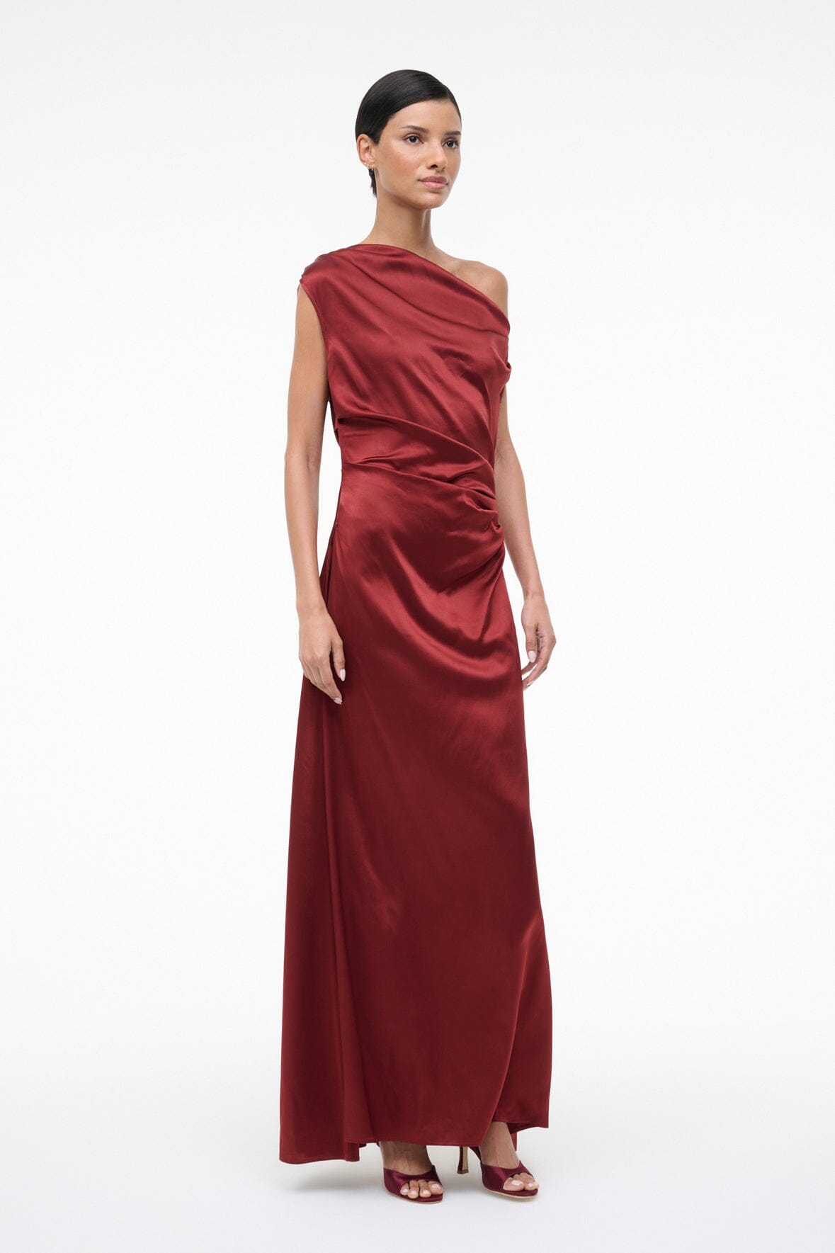 Burgundy silk maxi dress with draped one-shoulder and side ruched waist, long skirt