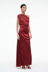 Burgundy silk maxi dress with draped one-shoulder and side ruched waist, long skirt