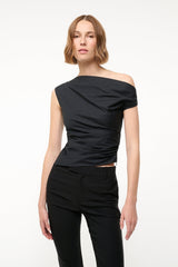 Black one-shoulder draped top with curved asymmetric neckline