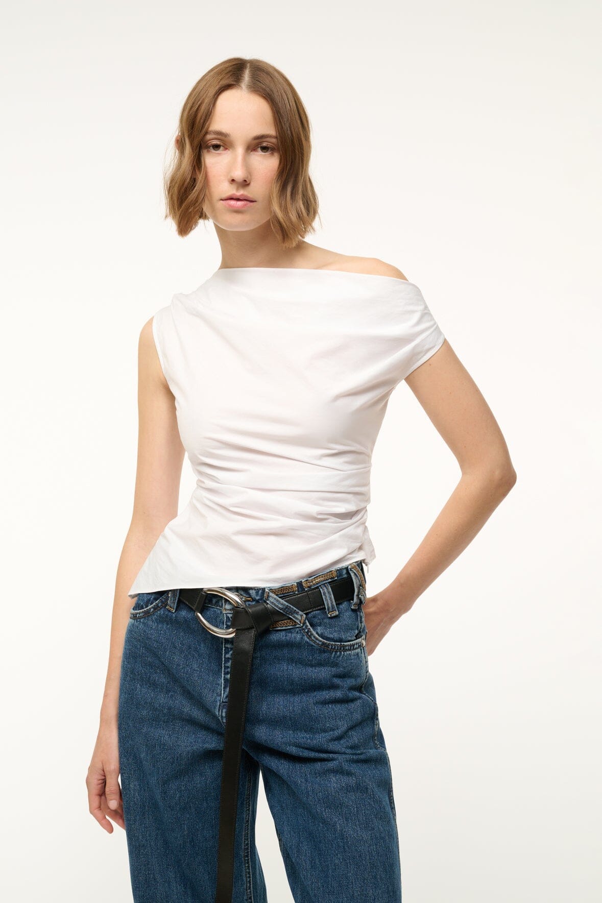 PHARE white one-shoulder draped sleeveless top with gathered front