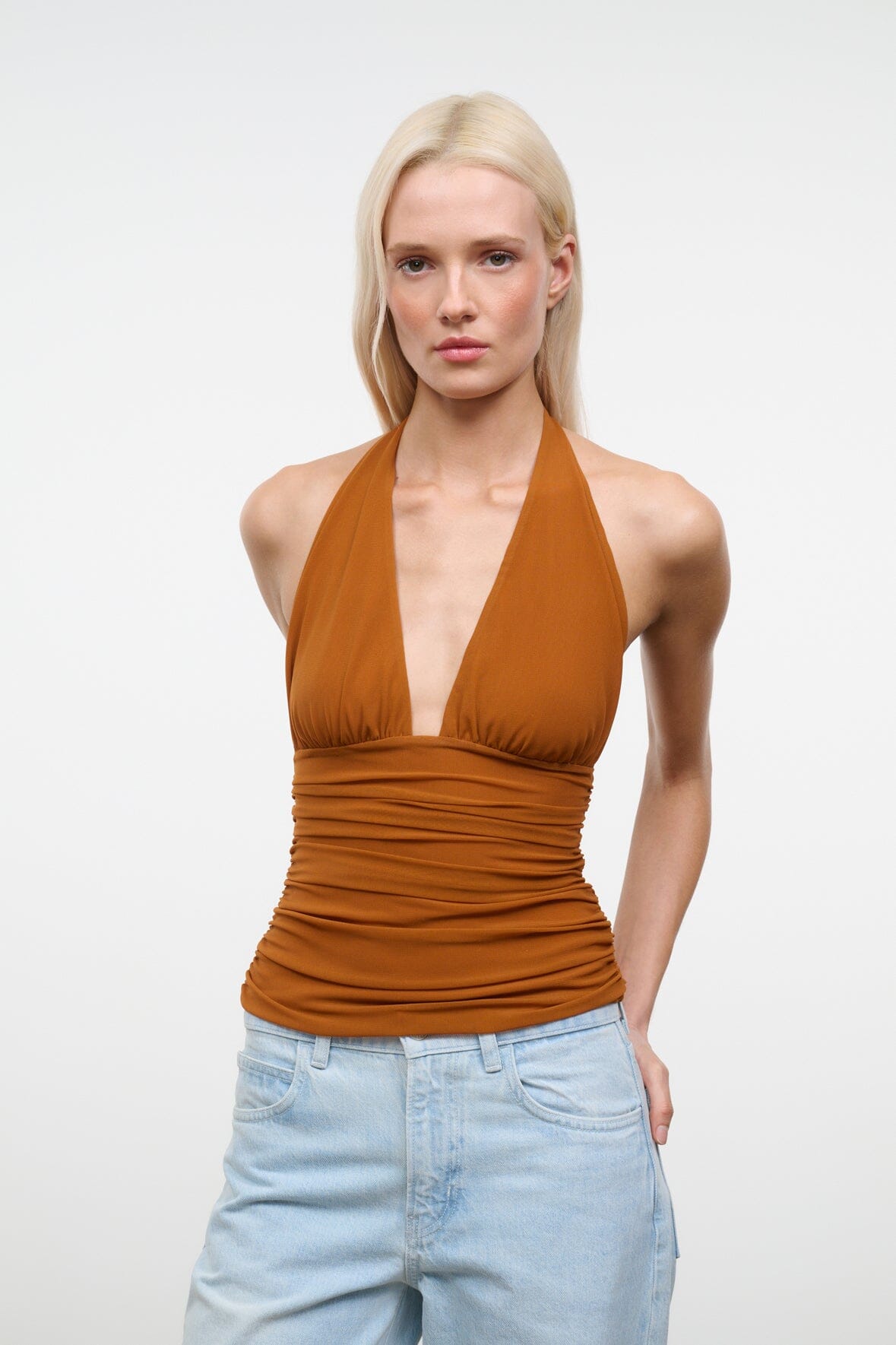 Halter V-neck ruched top in cocoa-brown, sleeveless with draped neckline